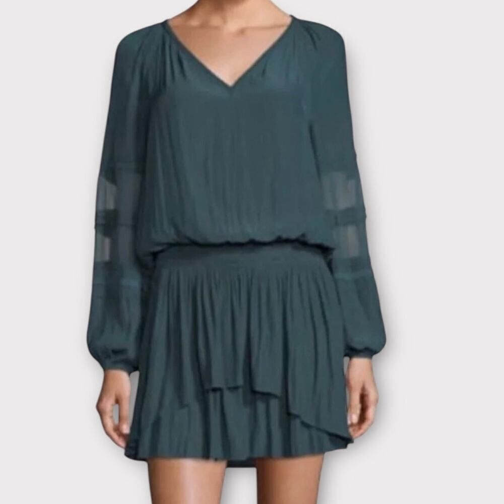 Ramy Brook Mini Dress Women's Med Green Long Sleeve Smocked Waist V-Neck
